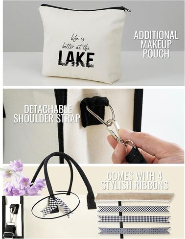 InnoBeta Lake Gifts Canvas Tote Bag, Life Is Better at The Lake, Lake Life Gifts Bag with Top Zipper Closure and Shoulder Strap for Birthday, Mother's Day, Christmas in Saudi Arabia