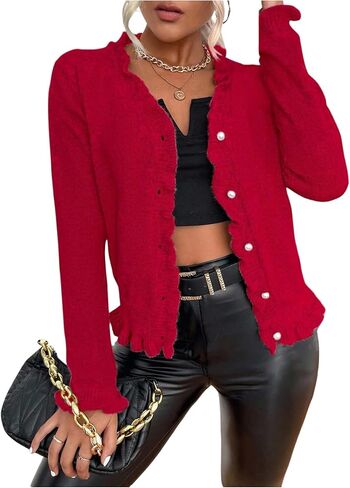 GORGLITTER Women's Frill Trim Button Down Cardigan V Neck Long Sleeve Knit Sweater in Saudi Arabia
