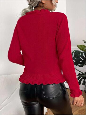 GORGLITTER Women's Frill Trim Button Down Cardigan V Neck Long Sleeve Knit Sweater in Saudi Arabia