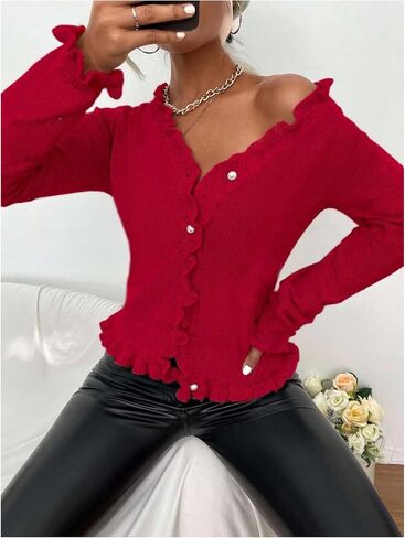 GORGLITTER Women's Frill Trim Button Down Cardigan V Neck Long Sleeve Knit Sweater in Saudi Arabia
