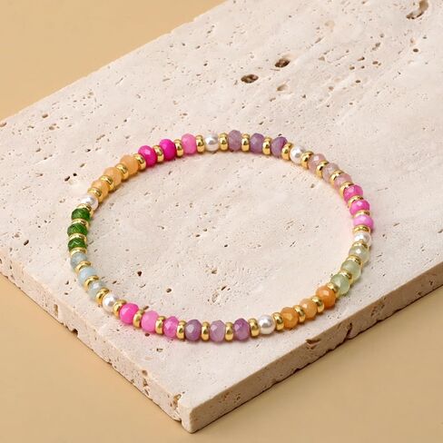 Shell Pearl - 14K Gold Plated Beads Gemstone Stretch Elastic Dainty Handmade Beaded Bracelets for Women Gifts 4mm in Kuwait