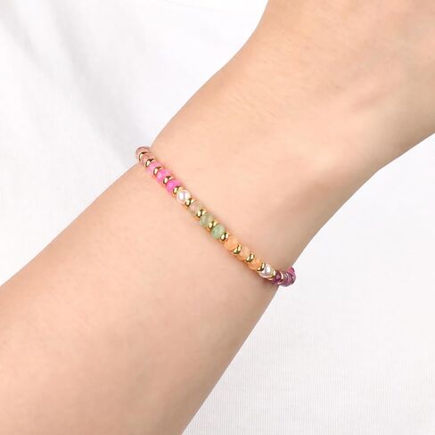 Shell Pearl - 14K Gold Plated Beads Gemstone Stretch Elastic Dainty Handmade Beaded Bracelets for Women Gifts 4mm in Kuwait