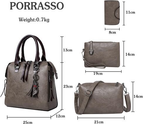 PORRASSO حقيبة يد نسائية محفظة 4 قطع حقيبة كتف كلاسيكية من جلد البولي يوريثان حقيبة صغيرة للعمل المدرسي والسفر باللون البني in Kuwait