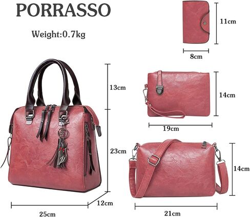 PORRASSO حقيبة يد نسائية محفظة 4 قطع حقيبة كتف كلاسيكية من جلد البولي يوريثان حقيبة صغيرة للعمل المدرسي والسفر باللون البني in Kuwait