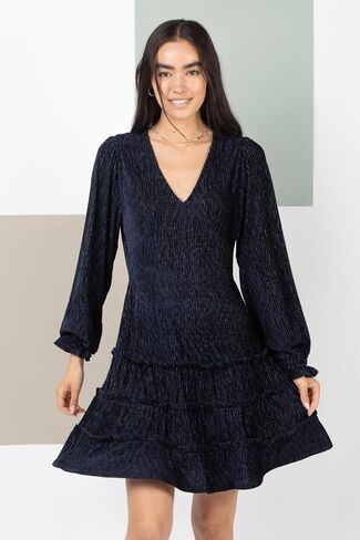 Women’s Deep V-Neck Velvet Holiday Mini Dress Long Sleeve Textured Dress with Ruffled Tiered Layers and Back Zipper in Saudi Arabia