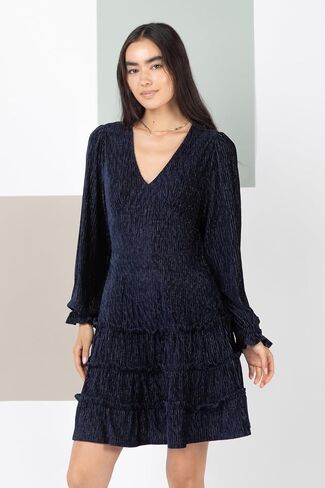 Women’s Deep V-Neck Velvet Holiday Mini Dress Long Sleeve Textured Dress with Ruffled Tiered Layers and Back Zipper in Saudi Arabia