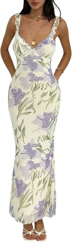 Milumia Women's Floral Tie Front Ruffle Trim Long Dress Summer V Neck Sleeveless Bodycon Maxi Dresses in Saudi Arabia