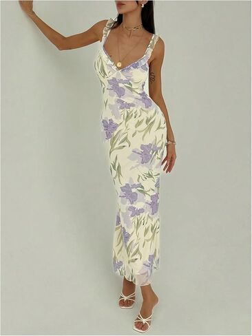 Milumia Women's Floral Tie Front Ruffle Trim Long Dress Summer V Neck Sleeveless Bodycon Maxi Dresses in Saudi Arabia