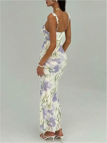 Milumia Women's Floral Tie Front Ruffle Trim Long Dress Summer V Neck Sleeveless Bodycon Maxi Dresses in Saudi Arabia