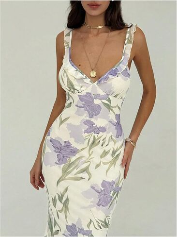 Milumia Women's Floral Tie Front Ruffle Trim Long Dress Summer V Neck Sleeveless Bodycon Maxi Dresses in Saudi Arabia