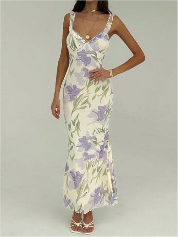 Milumia Women's Floral Tie Front Ruffle Trim Long Dress Summer V Neck Sleeveless Bodycon Maxi Dresses in Saudi Arabia