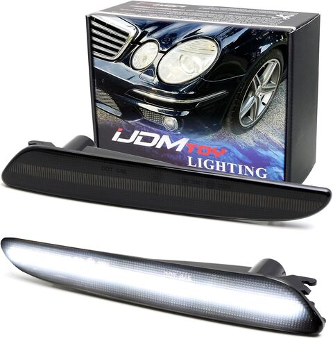 iJDMTOY عدسة شفافة بيضاء كاملة بشريط LED أمامي مجموعة ضوء علامة متوافقة مع 2007-2009 Mercedes W211 E-Class LCI، مدعوم بـ 60-SMD LED، استبدل مصابيح العلامات الجانبية الكهرمانية OEM in Saudi Arabia