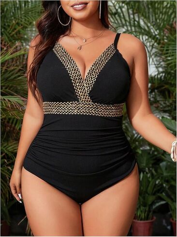 ملابس سباحة نسائية من قطعة واحدة مقاس كبير من Floerns، ملابس شاطئ مكشكشة ومتماسكة ومضلعة in Kuwait