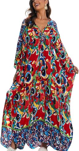 Women’s Floral Print 3/4 Sleeve V-Neck Kaftan Dress - Plus Size Beach Bathing Suit Swim Cover-Up in Saudi Arabia