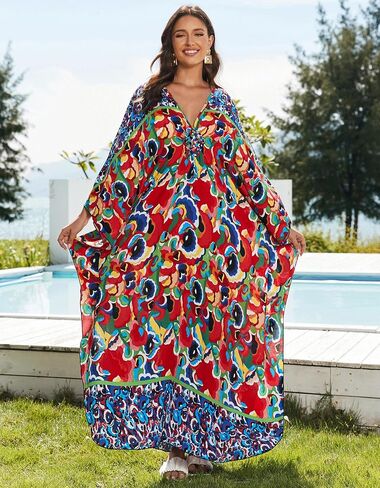 Women’s Floral Print 3/4 Sleeve V-Neck Kaftan Dress - Plus Size Beach Bathing Suit Swim Cover-Up in Saudi Arabia