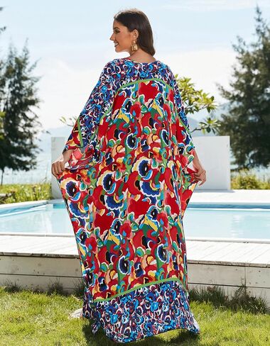 Women’s Floral Print 3/4 Sleeve V-Neck Kaftan Dress - Plus Size Beach Bathing Suit Swim Cover-Up in Saudi Arabia