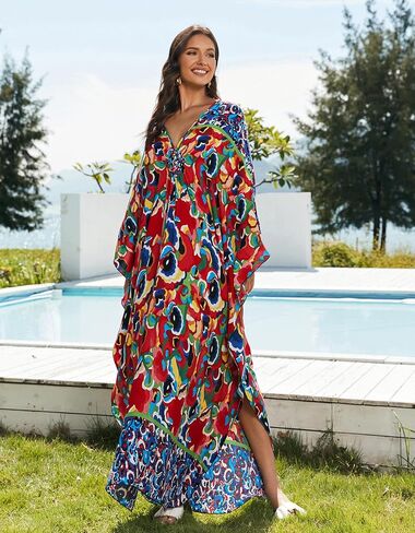 Women’s Floral Print 3/4 Sleeve V-Neck Kaftan Dress - Plus Size Beach Bathing Suit Swim Cover-Up in Saudi Arabia