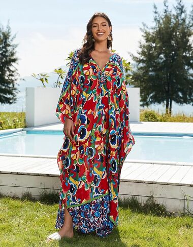 Women’s Floral Print 3/4 Sleeve V-Neck Kaftan Dress - Plus Size Beach Bathing Suit Swim Cover-Up in Saudi Arabia