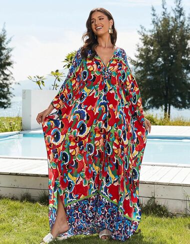 Women’s Floral Print 3/4 Sleeve V-Neck Kaftan Dress - Plus Size Beach Bathing Suit Swim Cover-Up in Saudi Arabia