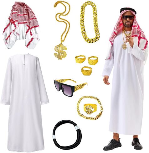Men's Arab Costume Middle East Muslim Robe Adult Dubai Halloween Costume with Decoration Set in Saudi Arabia