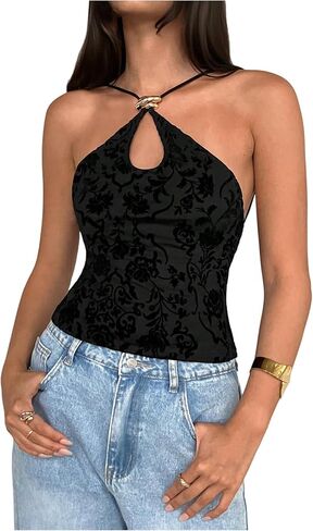 MakeMeChic Women's Floral Cami Top Sleeveless Cut Out Open Back Summer Halter Tops in Saudi Arabia