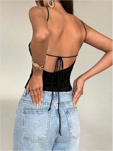 MakeMeChic Women's Floral Cami Top Sleeveless Cut Out Open Back Summer Halter Tops in Saudi Arabia