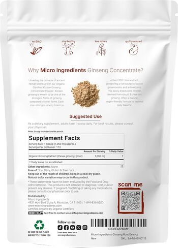 Micro Ingredients Maximum Strength Organic Korean Ginseng Root 200:1 Powder, 4 Ounce, Red Panax Ginseng Powder, Active Ginsenosides, Vegan Friendly in Saudi Arabia