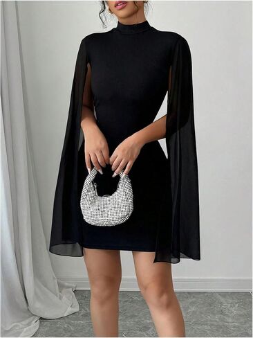 WDIRARA Women's Cape Sleeve Bodycon Mini Dress Mock Neck Cocktail Party Dresses in Saudi Arabia
