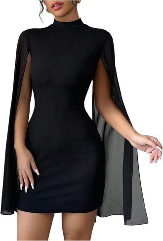 WDIRARA Women's Cape Sleeve Bodycon Mini Dress Mock Neck Cocktail Party Dresses in Saudi Arabia