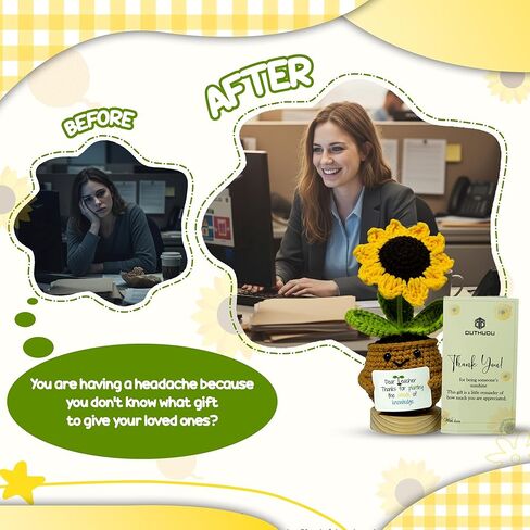 Sunflower Crochet Flower Gift - Handmade Positive Doll with Uplifting Quote - Thank You, Appreciation Gift for Teacher, Best Friend, Coworker, Women - Cute Emotional Support Decor (S4) in Kuwait