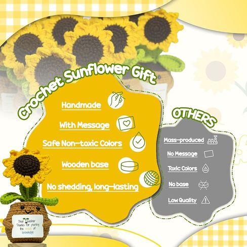 Sunflower Crochet Flower Gift - Handmade Positive Doll with Uplifting Quote - Thank You, Appreciation Gift for Teacher, Best Friend, Coworker, Women - Cute Emotional Support Decor (S4) in Kuwait