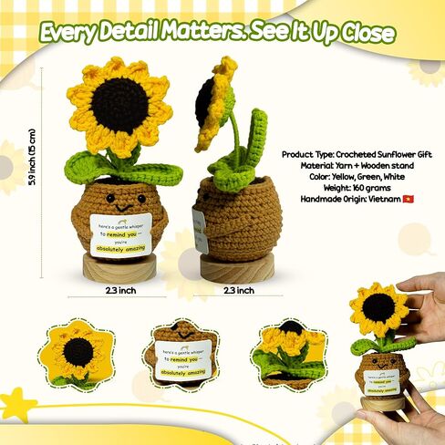 Sunflower Crochet Flower Gift - Handmade Positive Doll with Uplifting Quote - Thank You, Appreciation Gift for Teacher, Best Friend, Coworker, Women - Cute Emotional Support Decor (S4) in Kuwait