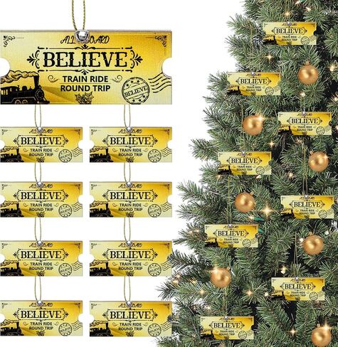 30 Set Christmas Polar Golden Wooden Tickets, North Pole Train Ticket Ornaments with Bells and Ropes, Christmas Believe Train Decoration for Xmas Holiday Party Favor Supplies (Golden) in Saudi Arabia