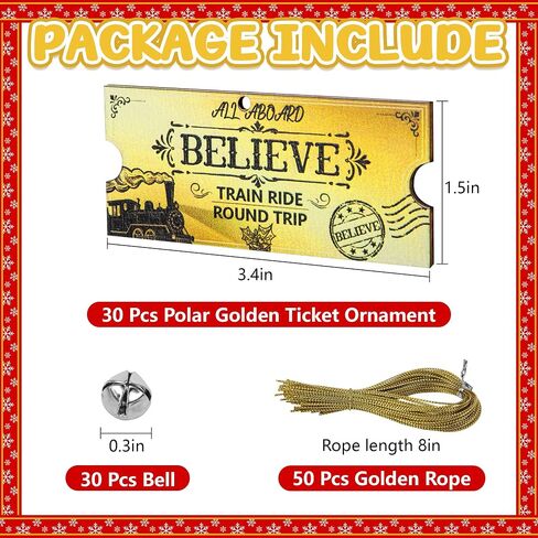 30 Set Christmas Polar Golden Wooden Tickets, North Pole Train Ticket Ornaments with Bells and Ropes, Christmas Believe Train Decoration for Xmas Holiday Party Favor Supplies (Golden) in Saudi Arabia