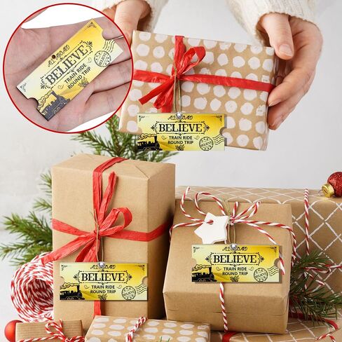 30 Set Christmas Polar Golden Wooden Tickets, North Pole Train Ticket Ornaments with Bells and Ropes, Christmas Believe Train Decoration for Xmas Holiday Party Favor Supplies (Golden) in Saudi Arabia