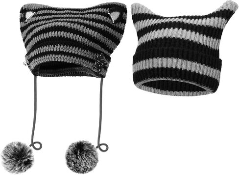 2 Pack Y2k Cat Ear Beanie Hat Crochet Hats Cat Beanie Accessories with Kawaii Leg Cover for Women Girls Black, Light Gray in Saudi Arabia