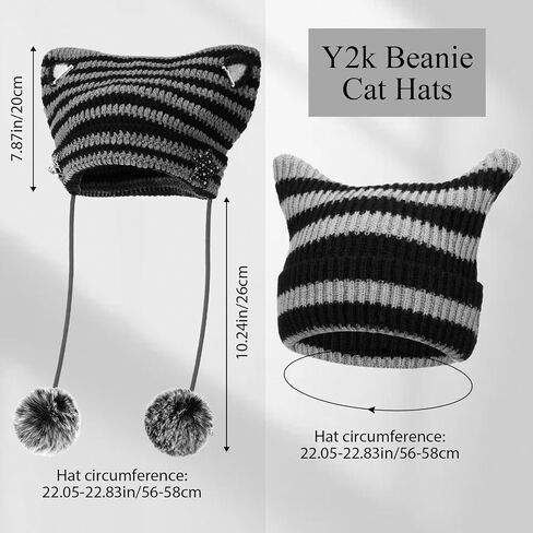 2 Pack Y2k Cat Ear Beanie Hat Crochet Hats Cat Beanie Accessories with Kawaii Leg Cover for Women Girls Black, Light Gray in Saudi Arabia