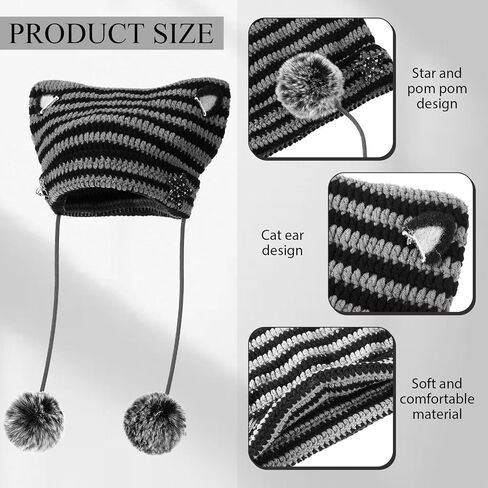 2 Pack Y2k Cat Ear Beanie Hat Crochet Hats Cat Beanie Accessories with Kawaii Leg Cover for Women Girls Black, Light Gray in Saudi Arabia