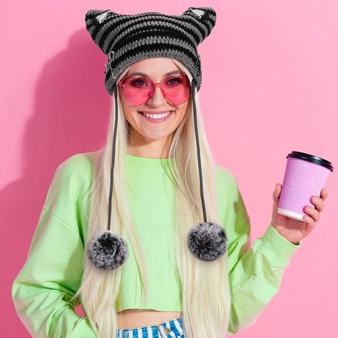 2 Pack Y2k Cat Ear Beanie Hat Crochet Hats Cat Beanie Accessories with Kawaii Leg Cover for Women Girls Black, Light Gray in Saudi Arabia