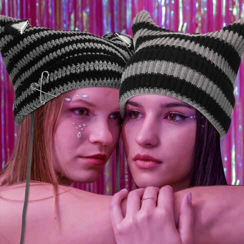 2 Pack Y2k Cat Ear Beanie Hat Crochet Hats Cat Beanie Accessories with Kawaii Leg Cover for Women Girls Black, Light Gray in Saudi Arabia