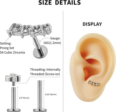 FINE4U Hollow Heart Piercing Jewelry Collection - ASTM F136 Titanium Internally Threaded Flat Back Stud for Cartilage, Helix, Conch in Saudi Arabia