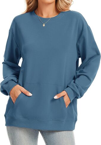 Womens Long Sleeve Sweatshirts with Pocket Loose Casual Crewneck Cute Pullover Tops Lightweight Sweatshirt in Saudi Arabia