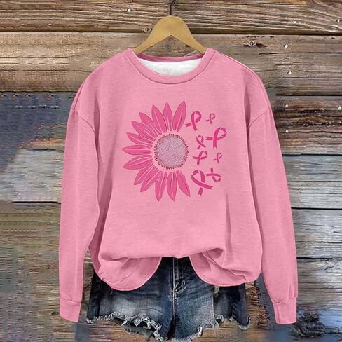 Women Breast Cancer Sweatshirt Pink Ribbon Graphic Breast Cancer Awareness Shirts Long Sleeve Pullover Tops in Saudi Arabia