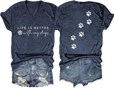 Womens Tops Life is Better with Dogs Shirt Dog Mom T Shirt Dog Paw Graphic Tees V Neck Short Sleeve Tshirt in Saudi Arabia