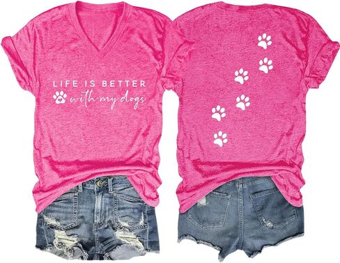 Womens Tops Life is Better with Dogs Shirt Dog Mom T Shirt Dog Paw Graphic Tees V Neck Short Sleeve Tshirt in Saudi Arabia