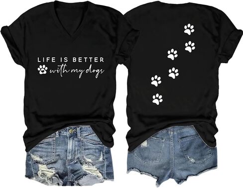 Womens Tops Life is Better with Dogs Shirt Dog Mom T Shirt Dog Paw Graphic Tees V Neck Short Sleeve Tshirt in Saudi Arabia