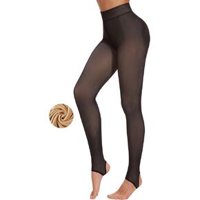 DOCUMO Fleece Lined Tights for Women Thermal Pantyhose Warm Winter Tights High Waisted Thick Leggings Fake Translucent Tights (300g Thick Fleece Footed Sheer Black,X-Large) in Kuwait