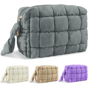 Puffer Quilted Makeup Bag Cosmetic Bags,Puffy Travel Toiletry Pouch for Women,Cute Checkered Zipper Bag Travel Essential,Portable Aesthetic Make up Organizer Bag for Gifts Work Daily(Black,M) in Saudi Arabia