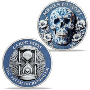 Memento Mori Blue Porcelain Skull Coin | Carpe Diem Hourglass Medallion with Latin Quotes | Artistic Reminder of Life's Fragility and Time’s Value | Motivational Collectible in Kuwait