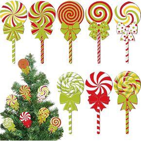 8 Pcs Large Christmas Candyland Tree Ornaments Wooden Lollipop Candy Ornament Christmas Tree Picks Double Sided Peppermint Candy Ornaments for Xmas Decorations in Kuwait